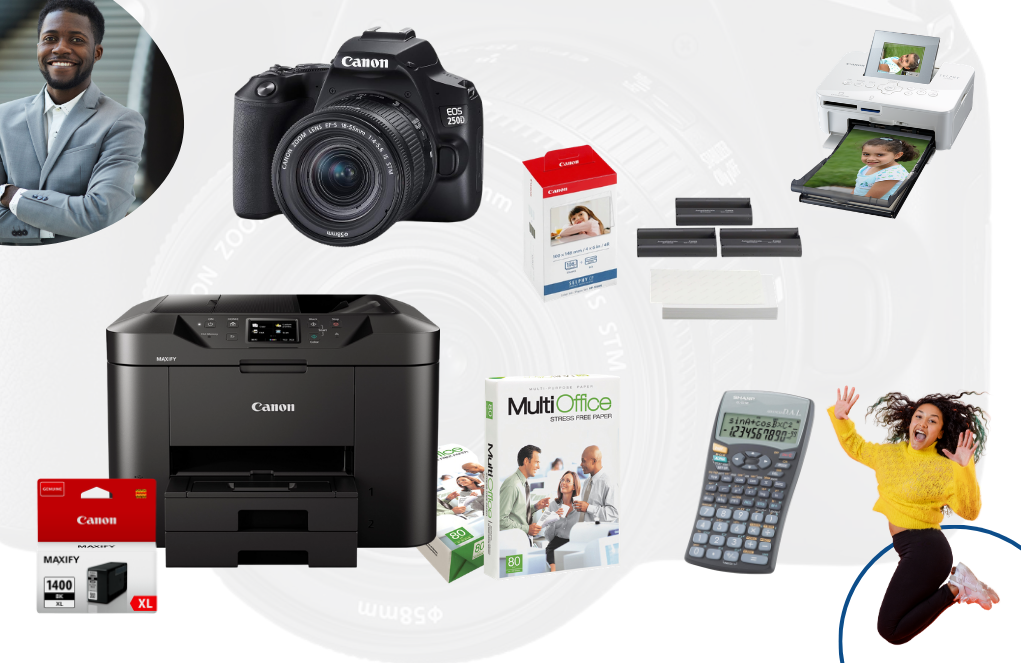 Featured office products including printers, paper, calculator and printing supplies