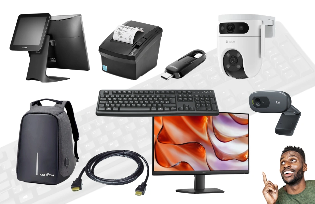 Featured technology products including display, keyboard, camera, cables and point of sale hardware
